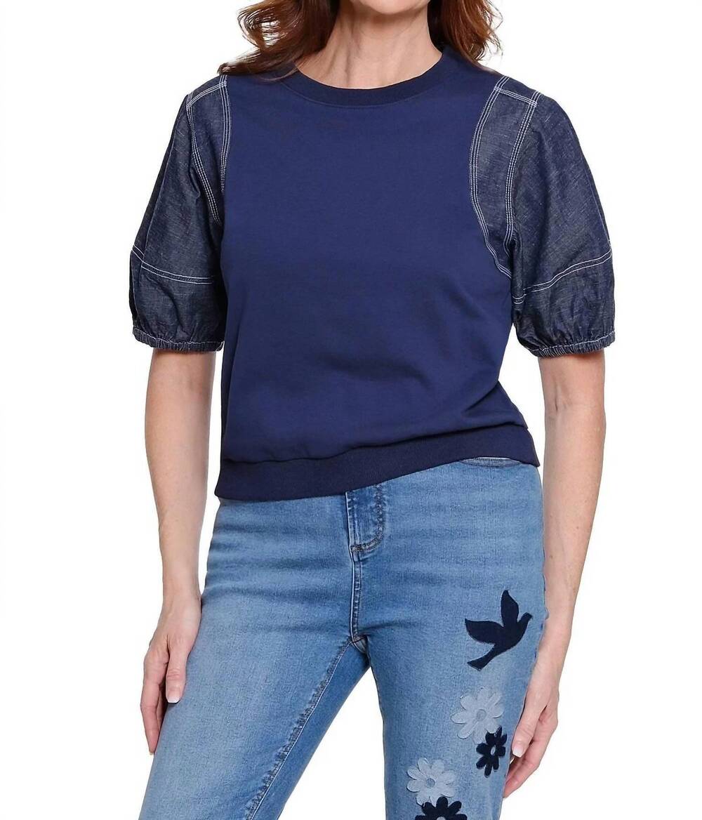 NEW TRU LUXE women's knit top with denim sleeves in blue